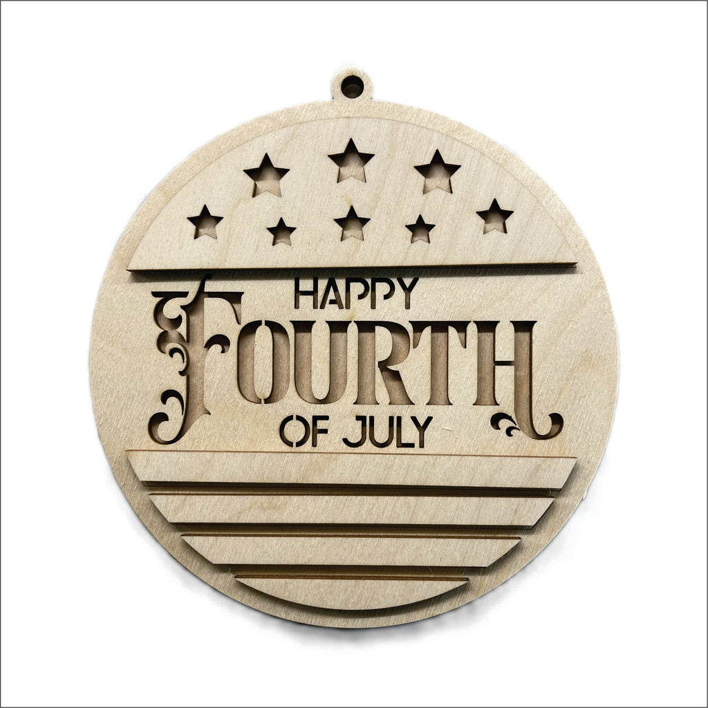 A wooden ornament with the text "Happy Fourth of July" carved into it.