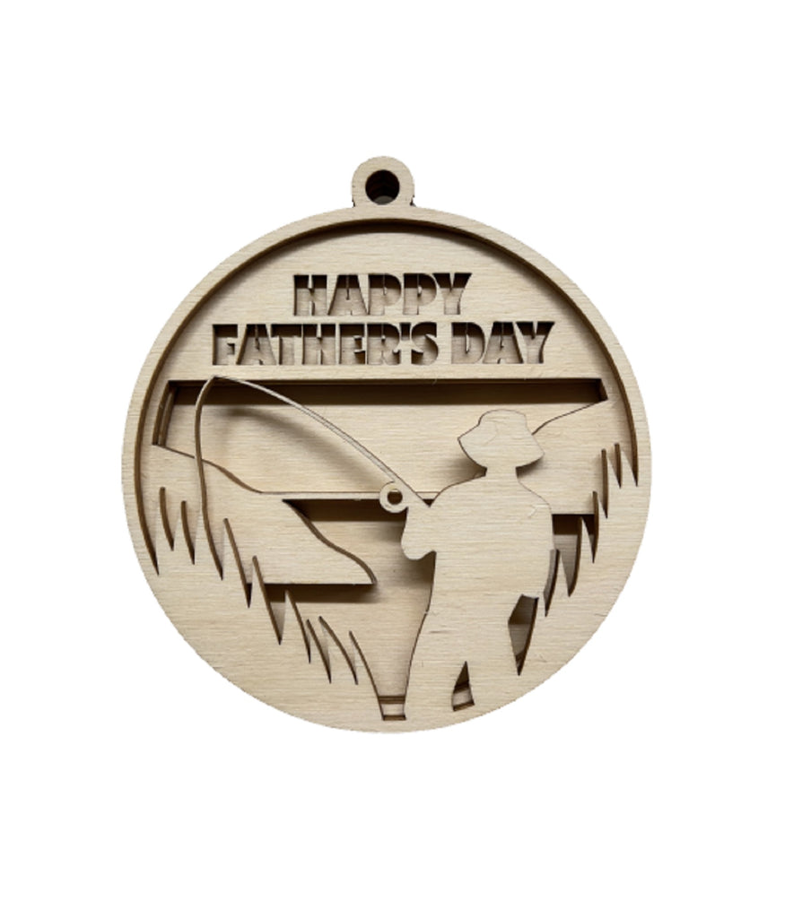 A wooden pendant with a fishing silhouette and the text "Happy Father's Day" carved into it.