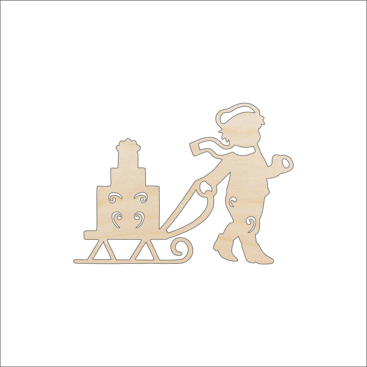 Boy & Sled Wood Craft Shape - Laser Cut Baltic Birch Unfinished DIY Wood Art Supplies XMS33 - The Wood Shape Store
