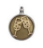 The image is a collage of three images: a close-up of a wooden ornament with two champagne glasses, a larger image of the same ornament, and a smaller image of the same ornament.
