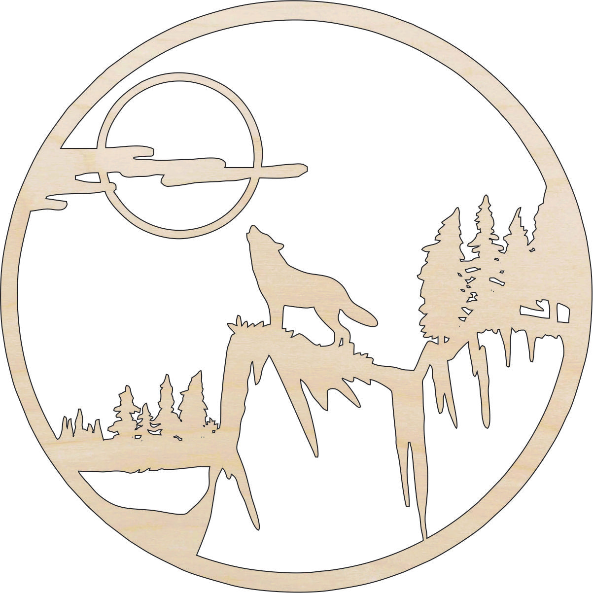 Scene Wolf - Laser Cut Out Unfinished Wood Craft Shape ANML88 Scene Wolf - Laser Cut Out Unfinished Wood Craft Shape ANML88
