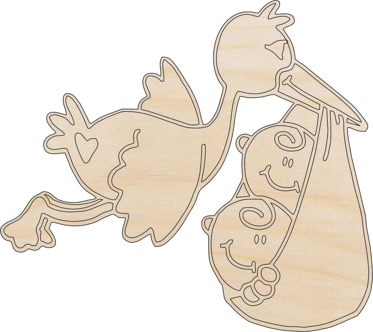 Stork with Baby Wood Craft Shape – Laser Cut Baltic Birch Unfinished DIY Wood Art Supplies BBY12 - The Wood Shape Store