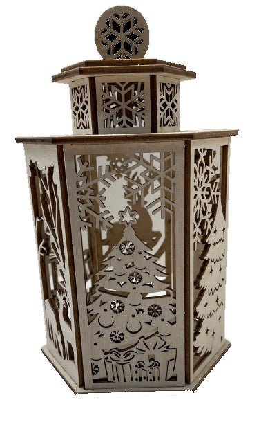 3D Christmas Scene Tealight Lantern Laser Cut Out Unfinished Wood - The Wood Shape Store