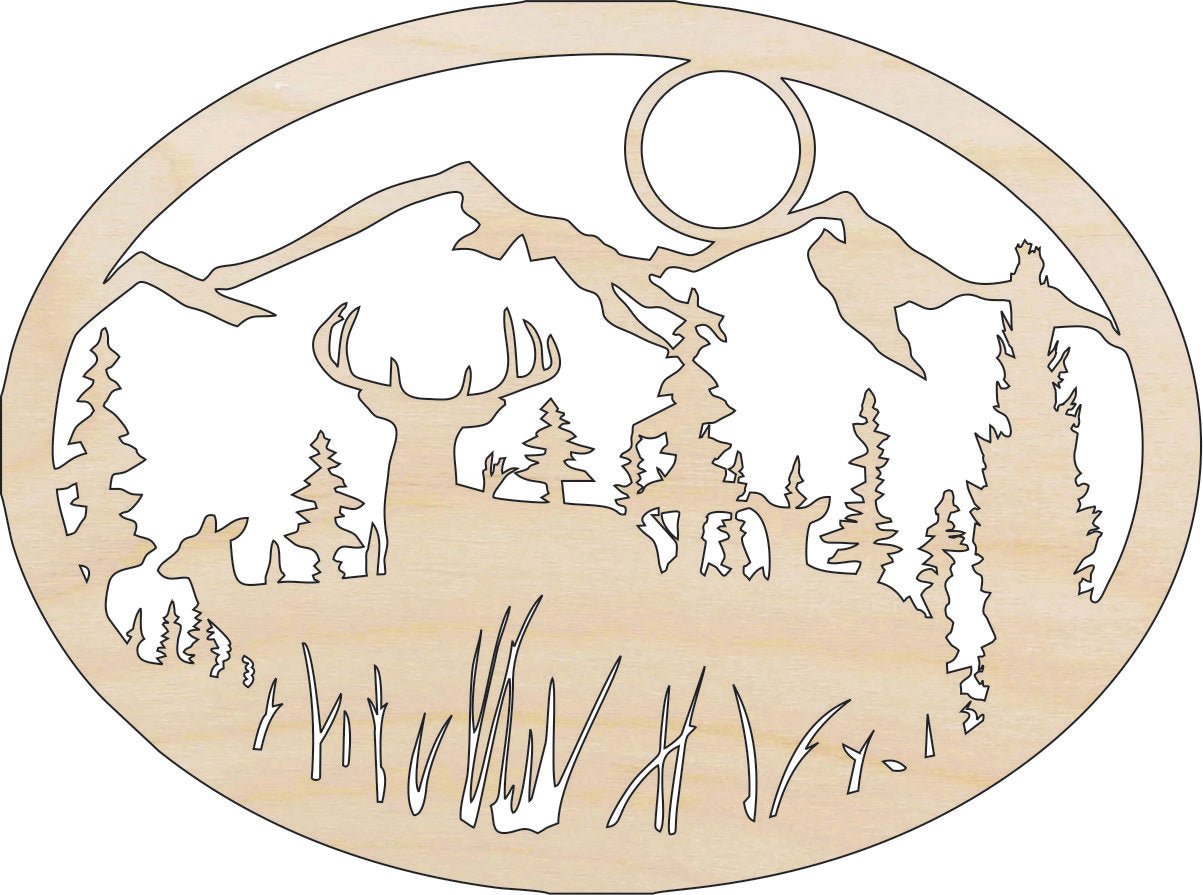 Deer Scene Wood Craft Shape - Laser Cut Baltic Birch Unfinished DIY Wood Art Supplies DER57 - The Wood Shape Store
