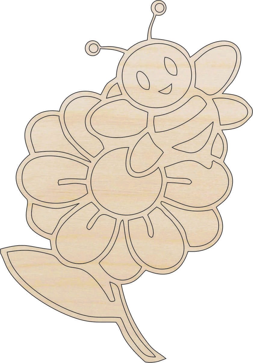 Flower & Bee Wood Craft Shape - Laser Cut Baltic Birch Unfinished DIY Wood Art Supplies FLR59 - The Wood Shape Store
