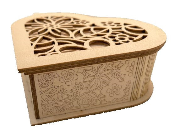 3D Flowered Heart Box 5 Pieces Laser Cut Out Unfinished Wood BOX2