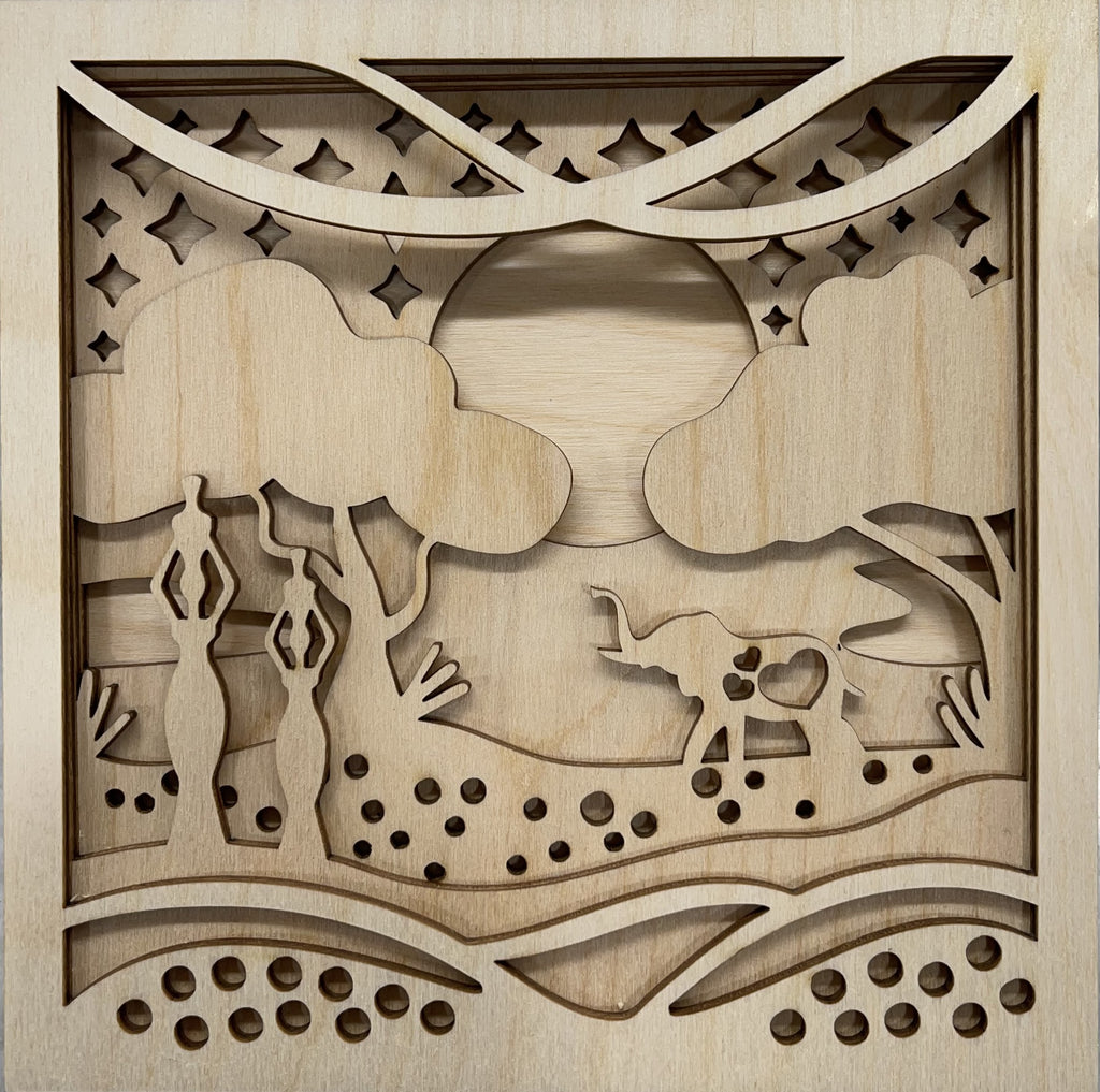 3D Layered Picture Elephant Scene -  6 Piece Wood Design LRD13