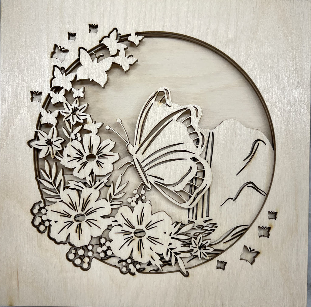 3D Layered Picture Butterfly & Flowers -  4 Piece Wood Design LRD23