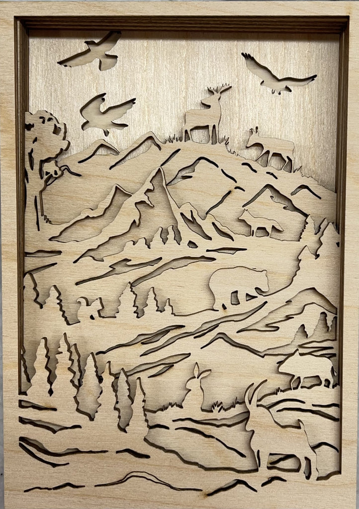 3D Layered Picture Mountain Animal Scene - 7 Piece Wood Design LRD30
