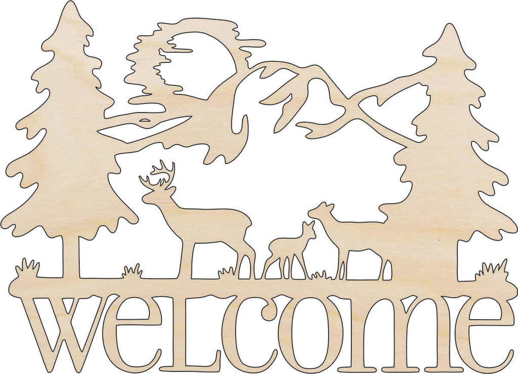 Sign Welcome Deer - Laser Cut Out Unfinished Wood Craft Shape SGN102