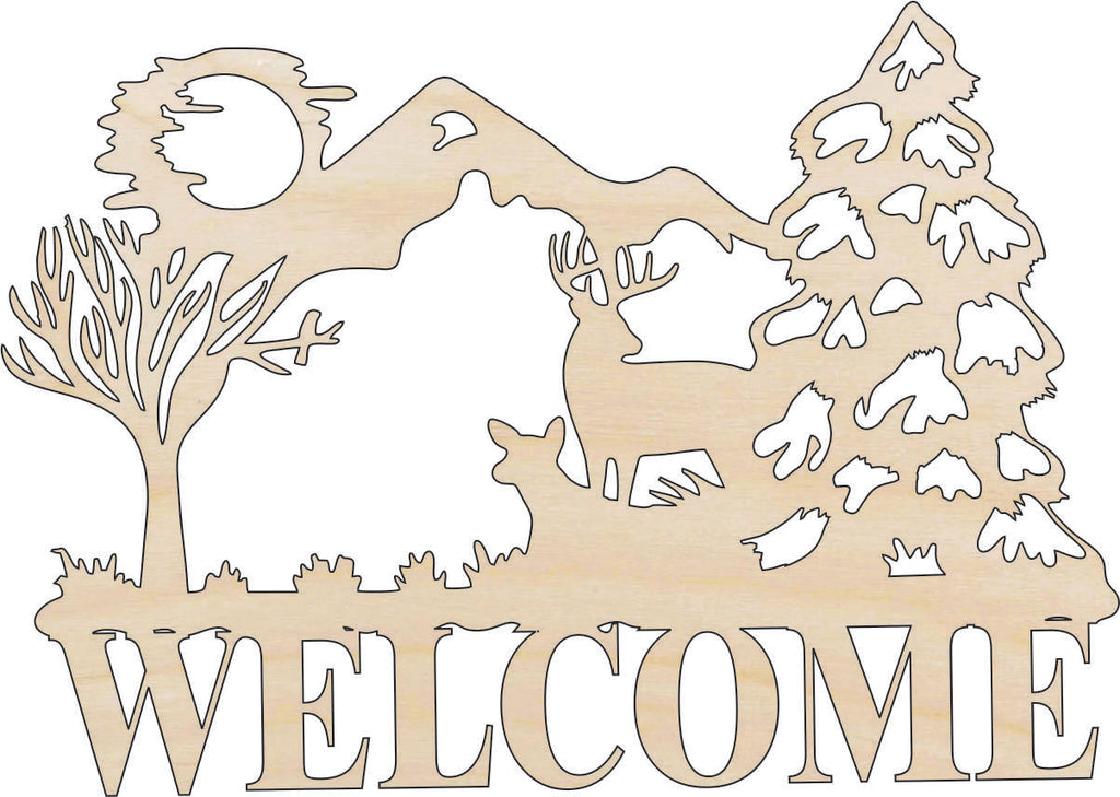 Sign Welcome Deer - Laser Cut Out Unfinished Wood Craft Shape SGN16