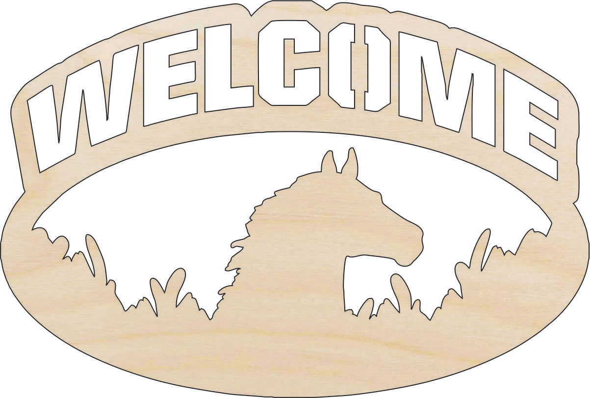 Sign Welcome Horse - Laser Cut Out Unfinished Wood Craft Shape SGN42 Sign Welcome Horse - Laser Cut Out Unfinished Wood Craft Shape SGN42