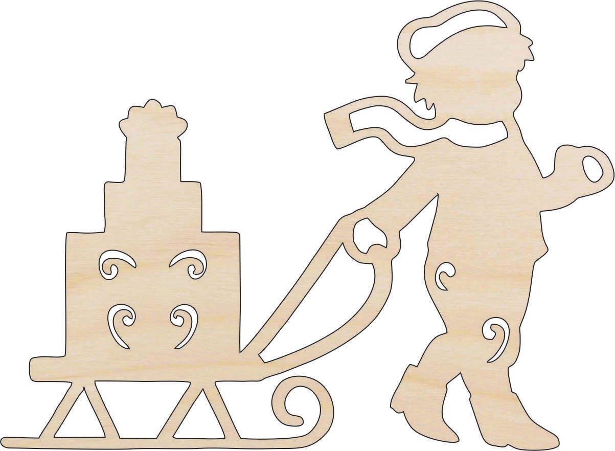 Boy & Sled Wood Craft Shape - Laser Cut Baltic Birch Unfinished DIY Wood Art Supplies XMS33 - The Wood Shape Store